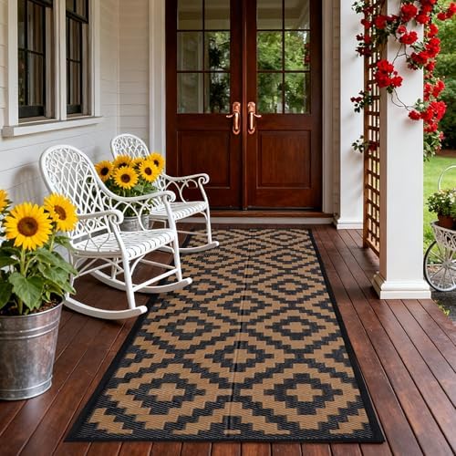 SAND MINE Reversible Mats, Plastic Straw Rug, Modern Area Rug, Large Floor Mat and Rug for Outdoors, RV, Patio, Backyard, Deck, Picnic, Beach, Trailer, Camping, Black & Brown, 2.5' x 8'
