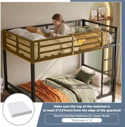 Bunk Bed Twin Over Twin, Heavy Duty Metal Twin Bunk Beds for Teens and Adults, Noise-Free Design Bunkbeds with Ladder, Guardrail for Bedroom, Dorms and Apartment, No Box Spring Required, Black