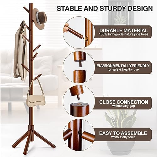 WANGMUXIA Coat Rack, Freestanding Coat Rack with 8 Hooks and 3 Adjustable Size Tree Coat Racks for Bedroom, Hallway, Entrance, Office, for Hats, Coats, Scarves, Handbags