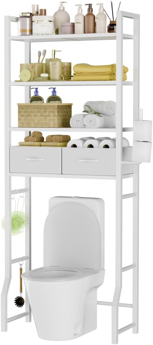 Simple Trending 4 Tier Over The Toilet Storage with Drawers, Heavy Duty Bathroom Stand Organizer Metal Shelves for Laundry, White