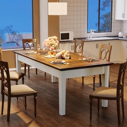 Tribesigns Dining Table for 4-6 People, 63-Inch Rectangular Kitchen Table with Solid Wood Legs, Farmhouse Dinner Table for Dining Room, Kitchen, Rustic Brown & Cream White