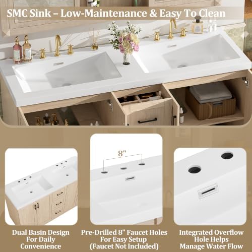 LUMISOL 60 Inch Bathroom Vanity with Double Sink, Wooden Freestanding Bathroom Cabinet with 3 Drawers & 4 Soft-Close Doors, Large Double Sink Vanity with SMC Sinks, Wood