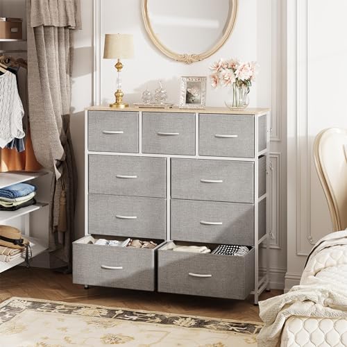 WLIVE Tall Dresser for Bedroom, 9 Drawer Chest of Drawers, Light Grey