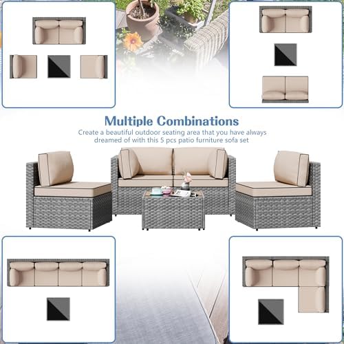 Shintenchi 5 Piece Outdoor Patio Furniture Set with Silver PE Rattan, Khaki