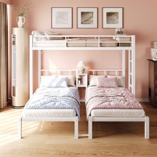 Bonnlo Metal Triple Bunk Bed Twin Over Twin Over Twin,3 Bunk Beds with Shelves for Kids,Teens and Adults, Detachable 3 Person Bed, No Box Spring Needed,White