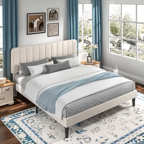 VECELO King Size Bed Frame with Upholstered Headboard, Velvet Platform Bedframe Mattress Foundation, Strong Wood Slat Support, No Box Spring Needed,Velvet Beige