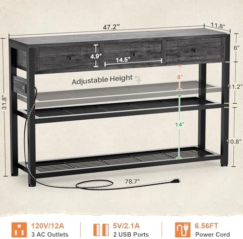 Ecoprsio Entryway Table with Power Outlets, 47" Console Table with Drawers
