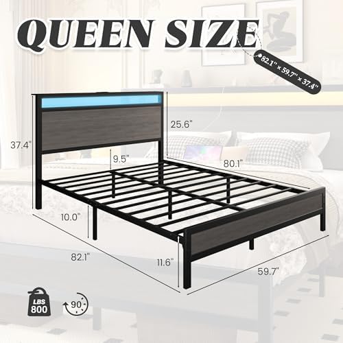 Fluest Queen Bed Frame with Headboard, Fast-Charging & LED, Storage Shelf