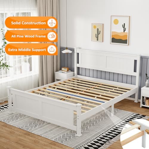 Bonnlo Full Size Solid Wood Platform Bed Frame, Panel Bed with Headboard, No Box Spring Needed Bed Base, Wood Slat Support Mattress Foundation, White