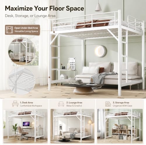 Bellemave Twin Loft Bed, Metal Round Pipe, Dual Ladders, Save Space, White
