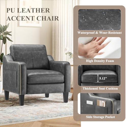 MALOL PU Leather Accent Chair Set of 2 with Solid Wood Frame, Black