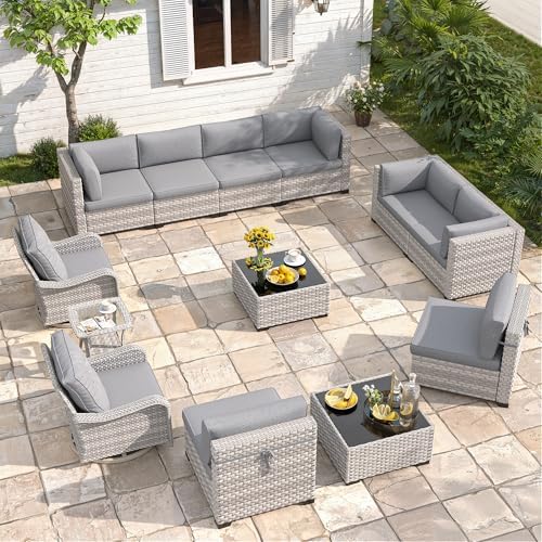 10-Seat Modern Patio Furniture Set with Swivel Rocking Chairs, Thick 4″ Cushions, Dual-Strand Wicker Rattan, Rust-Resistant Steel Frame – Outdoor Conversation & Modular Sectional,Gray