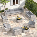 10-Seat Modern Patio Furniture Set with Swivel Rocking Chairs, Thick 4″ Cushions, Dual-Strand Wicker Rattan, Rust-Resistant Steel Frame – Outdoor Conversation & Modular Sectional,Gray