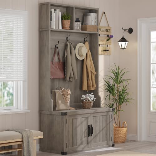 Garvee 77" H Farmhouse Hall Tree with Bench & Shoe Storage, Coat Rack