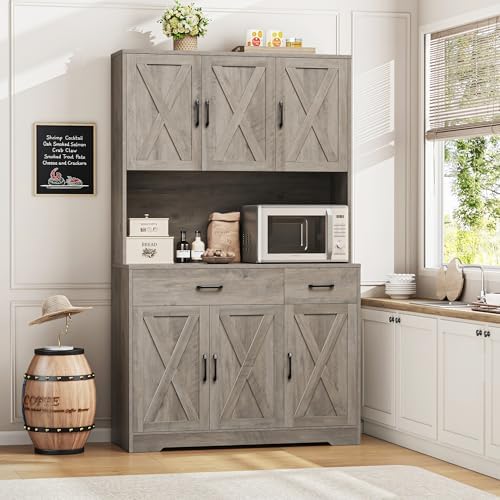 HOSTACK 71" H Kitchen Pantry Storage Cabinet, Farmhouse Hutch Cabinet, Grey