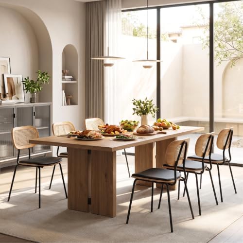 CIMOTA Rattan Dining Chairs Set of 4, Cane Back Kitchen Chairs with Metal Legs, Faux Leather Seat, Armless Dining Room Chairs for Kitchen, Black