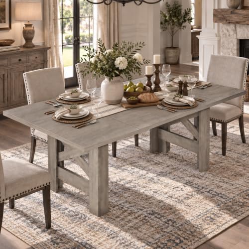IDEALHOUSE 71"L Farmhouse Dining Table for 6-8, Rectangular Barn Wooden Kitchen Table with a Rock-Strong Thick Base, Triangular Legs, Long Dining Room Table for Office, Kitchen, Apartment, Rustic Gray