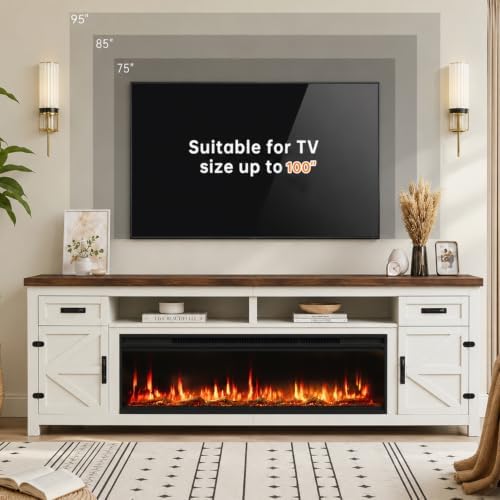 Fireplace TV Stand with Barn Door, 95 inch, Modern White
