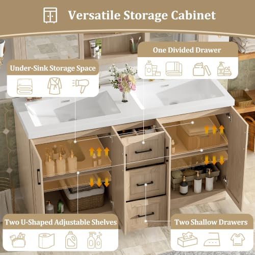 LUMISOL 60 Inch Bathroom Vanity with Double Sink, Wooden Freestanding Bathroom Cabinet with 3 Drawers & 4 Soft-Close Doors, Large Double Sink Vanity with SMC Sinks, Wood