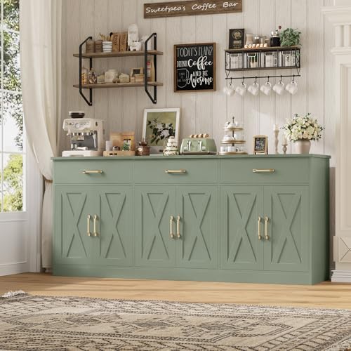 HOSTACK 71"W Farmhouse Kitchen Sideboard Buffet Cabinet with Storage, Green