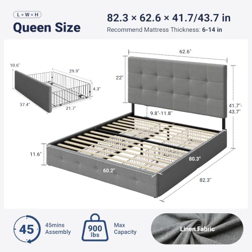 Allewie Queen Size Storage Bed Frame with 4 Underbed Drawers, Upholstered Platform Bed with Adjustable Headboard, Square Button Tufted, Easy Assembly, Noise-Free, No Box Spring Needed, Light Grey