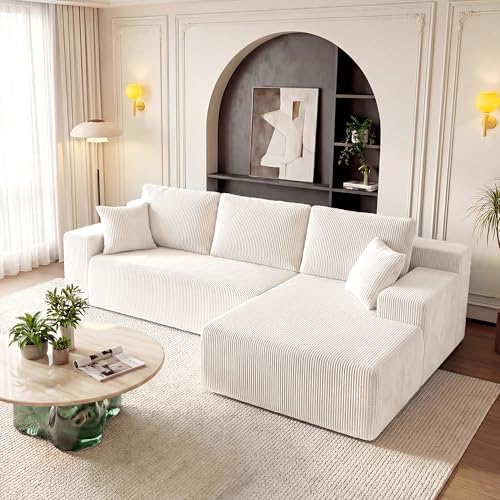 GRUSIGN Cloud Sectional Boneless Couches for Living Room, Modular L Shaped Couch with Deep Seat Oversized Right Facing Chaise, Memory Foam Compressed Spineless 3 Seater Sofa for Apartment, Beige