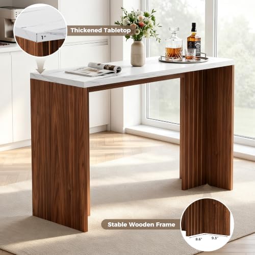 Miereirl 55" Bar Table, Marble Bar Height Table, 36.4" High Pub Table with Thick Tabletop, Narrow Entryway Table Sofa Table, Counter Height Dining Table for Living Room, Kitchen(White and Walnut