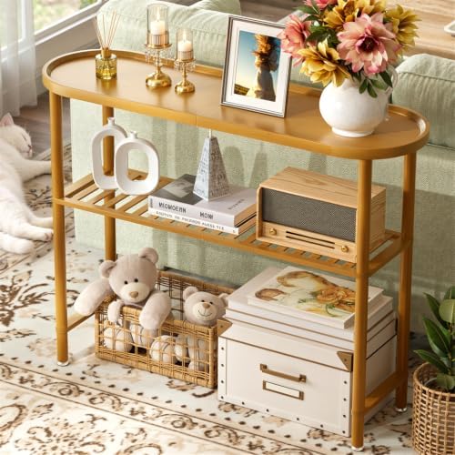 Bamboo Foyer Table for Entryway 39.4", Farmhouse Entryway Table for Hallway Oval Top, Sofa Console Table with Anti-fall Edge, TV Stand for Living Room, Indoor Plant Stand, 5min Easy Assembly, Walnut
