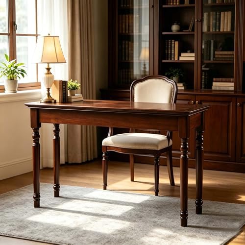 47" Narrow Solid Wood Writing Desk with Drawers, Walnut