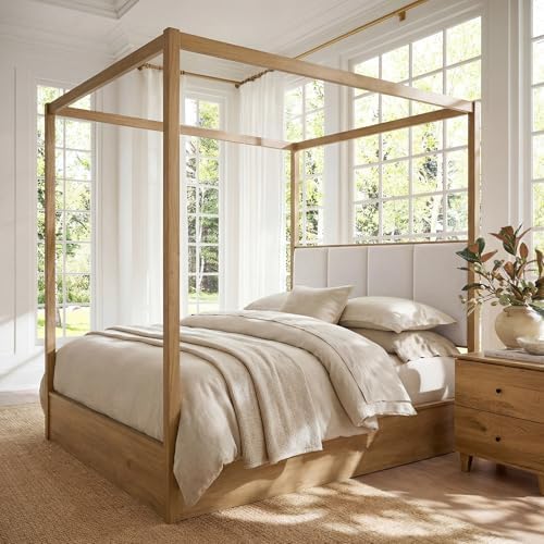 WAMPAT Wood Canopy Bed Frame Queen Size, Oak Bed w/Solid Wood Posters