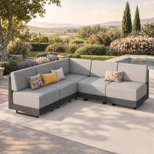 PHI VILLA 5 PCS Wicker Patio Sectional Furniture Set 8.7" Gray Cushions