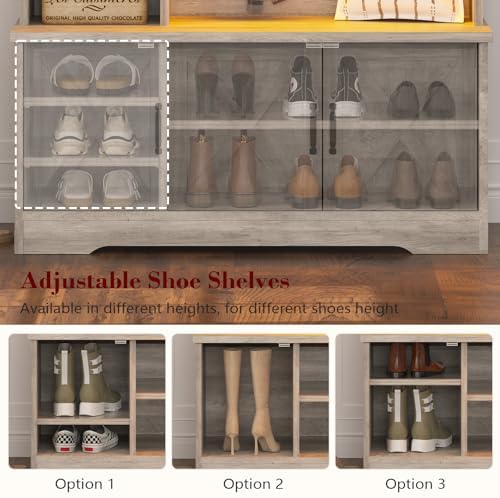 Hall Tree with Bench and Shoe Storage, LED Entryway Bench with Coat Rack