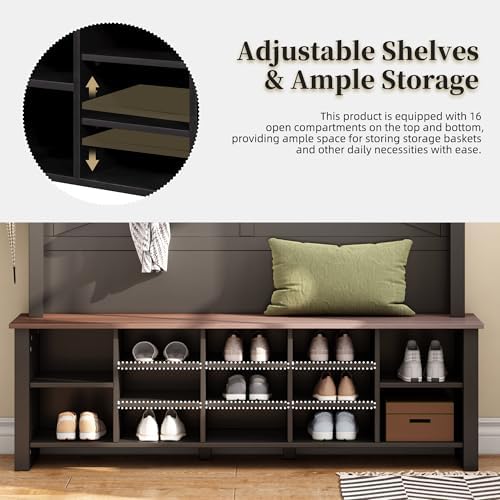 Merax Wood Rustic Hall Tree Entryway Bench with 6 Hooks and Adjustable Shelves, Farmhouse Mudroom Versatile Coat Racks with 16 Open Compartments, Entrance Organizer for Hallway Black