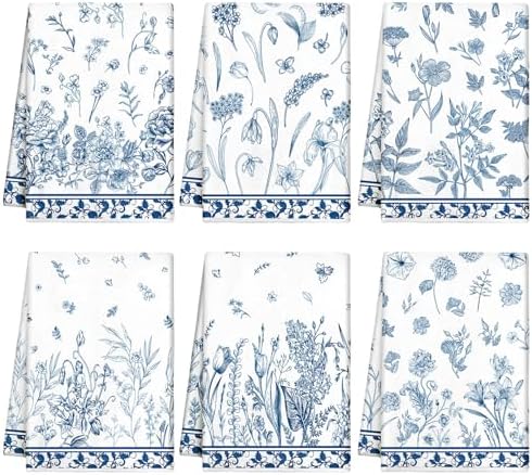 Redbaker 6 Pcs Floral Kitchen Towels Wildflower Butterfly Porcelain Style