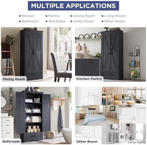 Farmhouse Kitchen Pantry Cabinet - 72" Tall Wood Kitchen Storage Cabinets with Adjustable Shelves & 2 Barn Doors & Drawer, Versatile Storage for Dining Room, Bathroom, Utility Room, Antique Black | Large