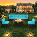 LAFWELL 8-Piece Wicker Patio Conversation Set with 44" Propane Fire Pit Table, Cozy Outdoor Sectional Sofa for Backyard Gatherings, Poolside Lounging & Garden Parties