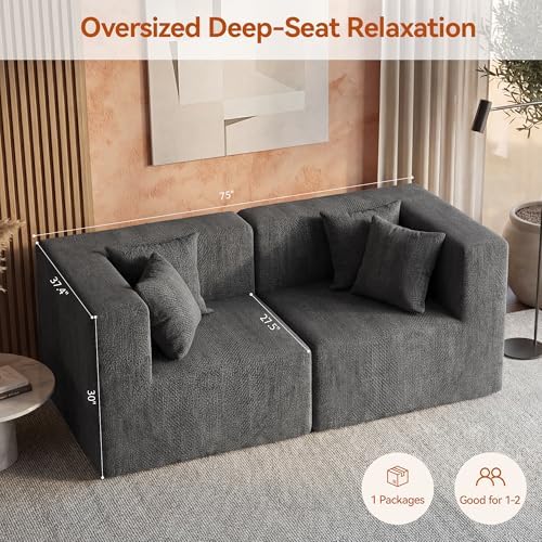 MONVANE 75" Loveseat Sofa, Comfy Chenille Modular Sectional Sofa with 4 Pillows, Modern Deep Seat Boneless Couch, 2 Seater Sofa for Living Room, Bedroom and Apartment, Grey