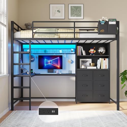 DICTAC Loft Bed Twin Size with Desk,Storage Bookshelf and 6 Drawers, Black