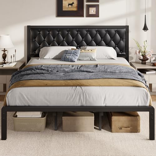 Fluest King Bed Frame with Headboard PU Leather Upholstered Bed Frame Platform,All Metal Slats Support Platform Bed Frame with Storage Space,Easy Assembly,Noise Free,No Box Spring Needed,Black