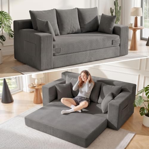 Boneless Couch for Living Room, 3 Seater Convertible Sofa Bed in Box, Grey