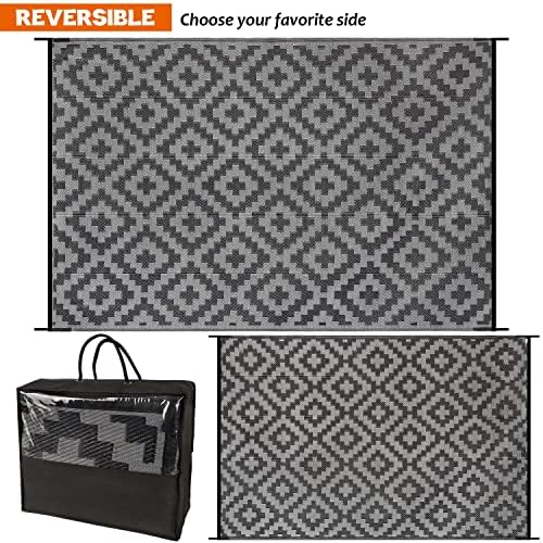 SAND MINE Waterproof Outdoor Rug 6x9 ft, Plastic Reversible Rug, Modern Area Rug, Large Floor Mat for Outdoors, RV, Patio, Backyard, Deck, Picnic, Beach, Camping, Black Grey Lattice