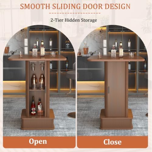 Square Bar Table with 2-Tier Hidden Storage, 38.1" High Counter Height Bistro Pub Cocktail Table, Modern Drink Bar Station for Kitchen Living Room, Coffee House, Small Space, Walnut