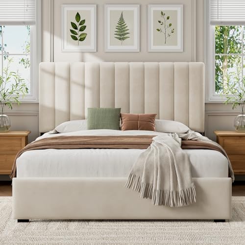 Welzona Full Upholstered Bed Frame with Headboard, Velvet Upholstered Metal Platform Bed with Vertical Channel Tufted Headboard, 3-Level Height, Metal Slat Support, Noise-Free Easy Assembly, White