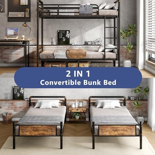 Jocoevol Metal Bunk Bed Twin Over Twin, Industrial Bunkbeds Heavy Duty Bed with Safety Guard Rails and Space-Saving Design, Steel Bed for School, Bedroom (Vintage Brown)