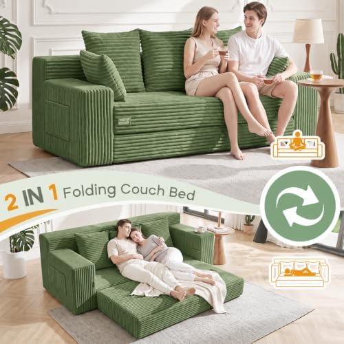 Boneless Couch for Living Room, 3 Seater Convertible Sofa Bed in Box, Green