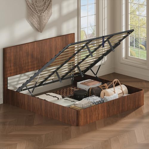 VMU Fluted Queen Size Platform Bed Frame with Lift up Storage