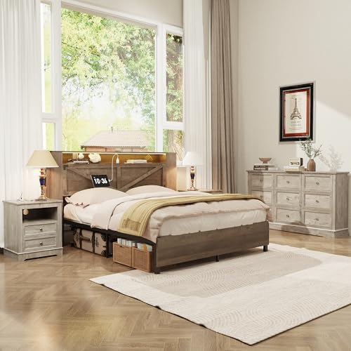 KIGOTY Farmhouse Bedroom Set, 3 Pcs Dresser and Nightstand Sets, 9 Drawer Dresser & 2 Drawer Nightstand Set with Charging Station,Rustic Wood Bedroom Furniture Set for Home