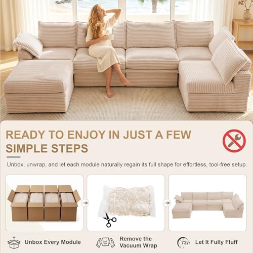 142" Oversized Modular Sectional Couches for Living Room, Corduroy 6-Seat Large Upgraded Boneless Couch with Storage & Ottoman, Deep Seat, U Shaped Memory Foam Sofa-in-a-Box, No Assembly, Beige