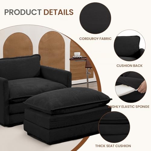 ROWHY 41'' Single Armchair with Ottoman, Modern Corduroy Cloud Couch with Convertible Chaise, Upholstered Sofa Set for Living Room, Black