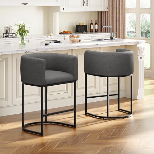 26" H Counter Height Bar Stools Set of 2, Modern Barrel Counter Stools with Backrest and Arms, Linen Fabric Upholstered Accent Barstools for Kitchen Island,Support 450 LBS (Carbon Black)